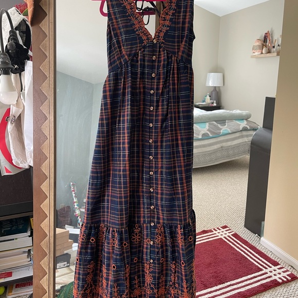 Anthropologie Plaid Embroidered Midi Dress XXS - Picture 4 of 7
